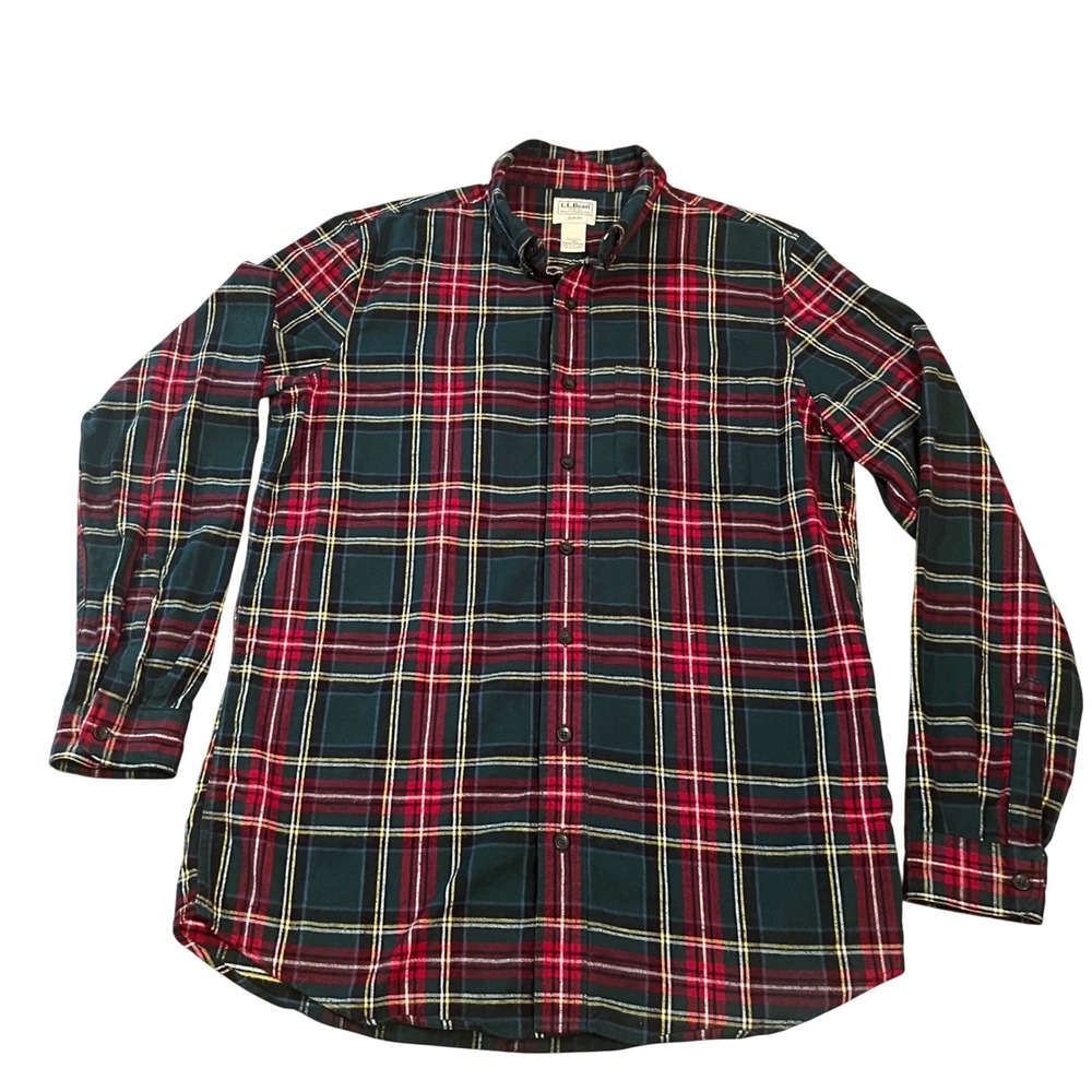 LL Bean Mens Slim Fit Tall Flannel Shirt Green Red Plaid Cotton 511508 L-Tall